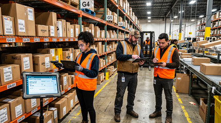 Obraz premium Three diverse logistics employees wearing safety vests operating rugged digital tablets scanning cardboard delivery boxes inside large commercial fulfillment center warehouse aisle