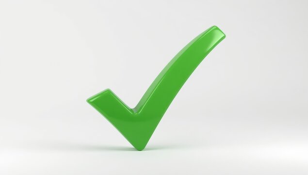 Three-dimensional green checkmark on a white backdrop with realistic shadowing.