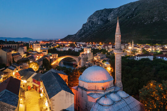 View of the Old City and the Koski Mehmed Pasha Mosque with the Mostar Bridge in the Background