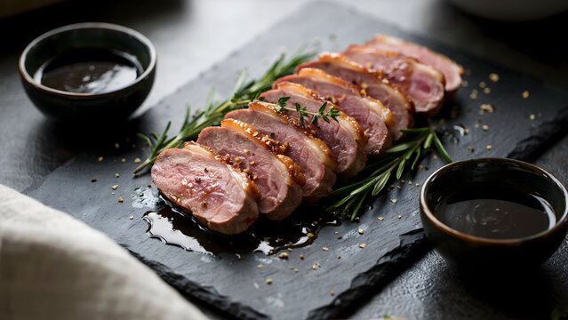 Slices of roasted duck breast served on a black slate board with fresh rosemary sprigs and a side of dark balsamic reduction sauce