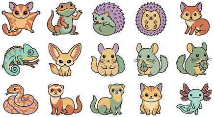 Obraz premium Cute Small Animal Character Collection with Sugar Glider, Gecko, Hedgehog, Fox, Chameleon, Fennec Fox, Mouse, Ferret, Snake, Cat, and Axolotl Vector Illustration Set