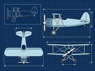 Vintage biplane technical blueprint showing multiple views on a blue grid background. © Dimas