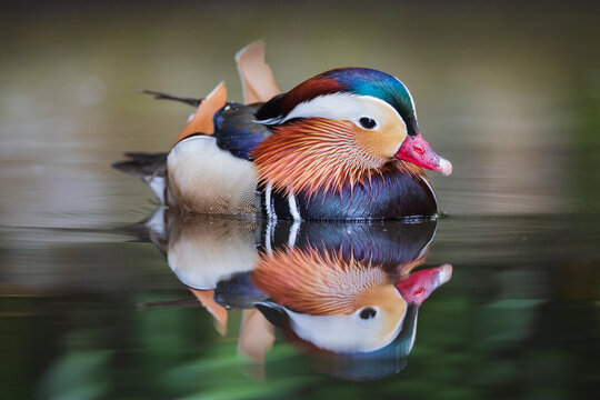 Portrait of a Mandarin Duck on the water, bright coloured plumage.