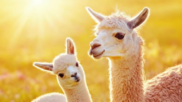Close-up of two llamas gazing with warm sunlight in background. Mother's Day, Mothering Sunday, Dia de la Madre - Global Maternal Celebration, Worldwide Family Holiday