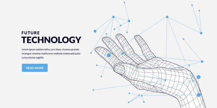 Wireframe 3d hand vector illustration. Abstract technology banner design with microchip tech lines. Digital data concept