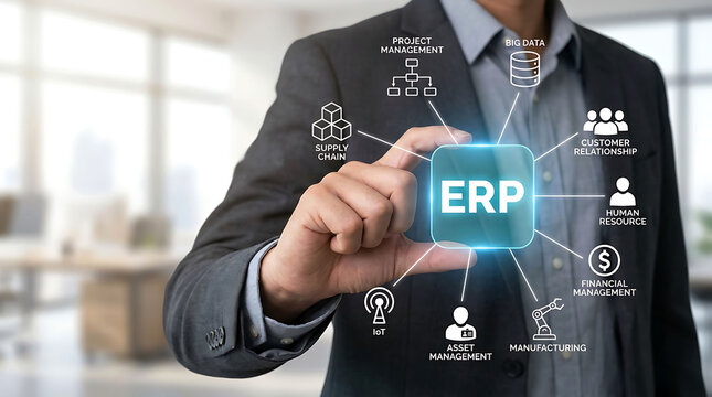 Businessman holding ERP Enterprise Resource Planning software integration network icon