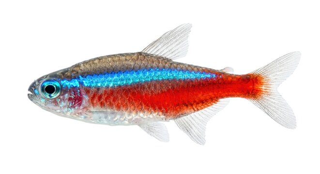 Neon tetra fish isolated on white - underwater marine wildlife photography