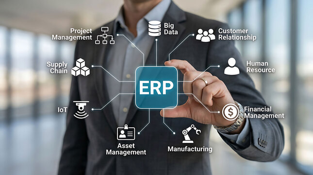 Businessman holding ERP Enterprise Resource Planning software integration network icon