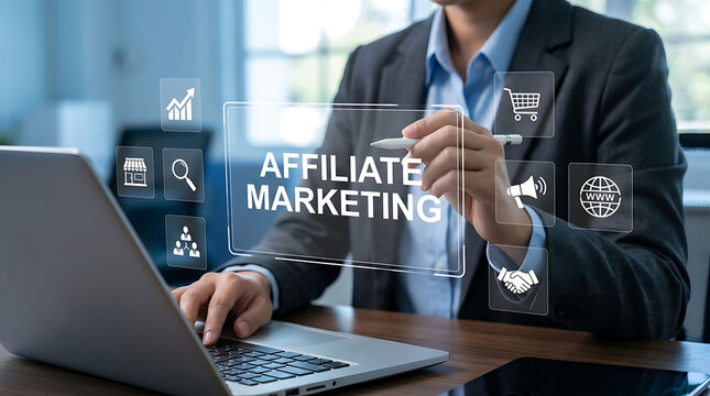 Businessperson using laptop for affiliate marketing strategy and digital promotion visual concept