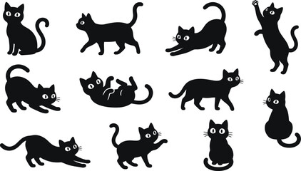 Set of cute black cat silhouettes vector illustrations, playful feline poses design elements © DILARA