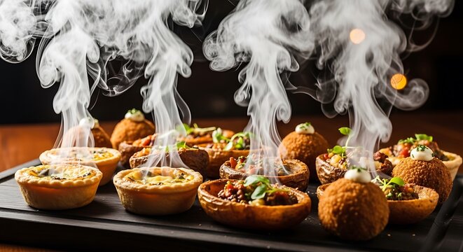 Steaming Hot Gourmet Savory Appetizers Served on a Rustic Dark Serving Platter for Special Occasions and Events