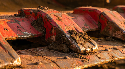 Fototapeta premium Close up of Muddy Red Excavator Bucket Teeth in Golden Light