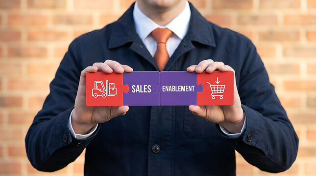 Businessman holding sales enablement puzzle pieces connecting logistics to retail