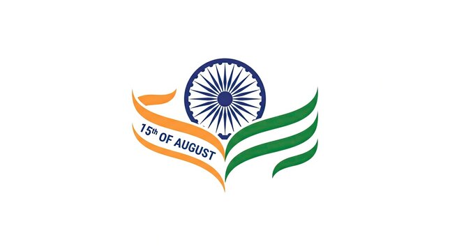 Minimalist indian independence day 15th august logo design illustration featuring ashoka chakra tricolor ribbon wave national symbol banner