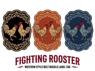 Vintage Fighting Rooster Western Belt Buckle Label and Badge Set © Dimas