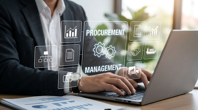 Businessman working on laptop with procurement management supply chain process