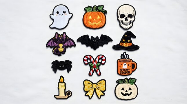Set of cute halloween embroidered patches isolated on white background