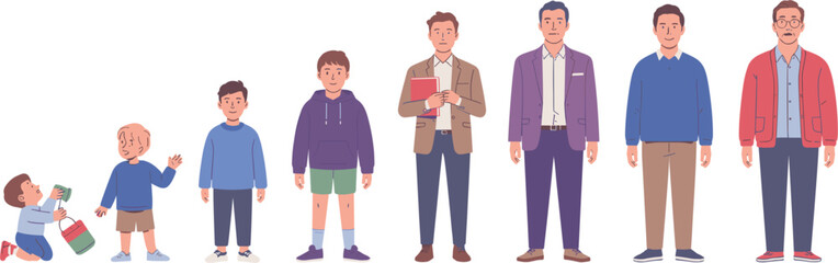 Fototapeta premium Human life cycle stages vector set, growing up from baby boy to elderly man illustration