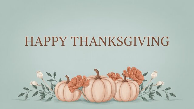 Happy thanksgiving greeting card with hand drawn pumpkins and autumn flowers on a soft sage green background