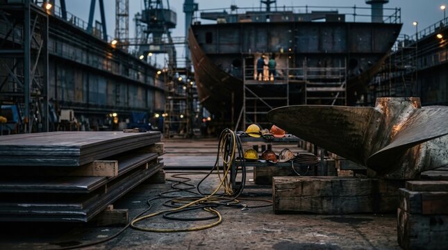Shipbuilding materials in a dry dock with steel plates, propeller blade, welding cables, safety helmets, and keel blocks.
