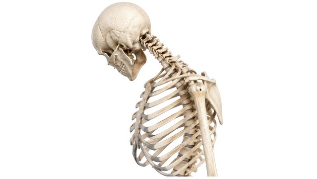 Human skull with cervical spine lateral view detailed skeletal anatomy medical illustration isolated on white background