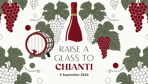 Wine tasting event poster with grapes, wine bottle and wooden barrel