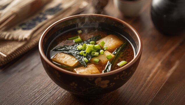 Tofu and seaweed miso soup in a traditional bowl.