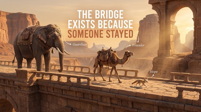 Guardian, Traveler, Hope: Elephant, Camel, and Fennec Fox Cross a Majestic Ancient Desert Bridge at Golden Hour