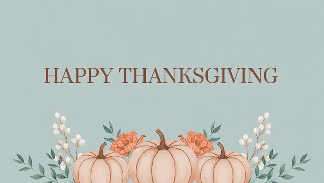 Happy thanksgiving greeting card design with watercolor pumpkins, autumn flowers, and foliage on a soft sage green background