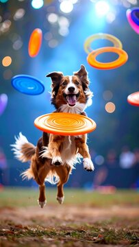 Energetic dog leaps to catch a vibrant flying disc at a lively outdoor event