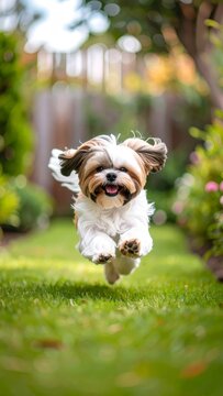 Shih Tzu dog joyfully leaping across lush lawn on a sunny day, embodying pet enthusiasm