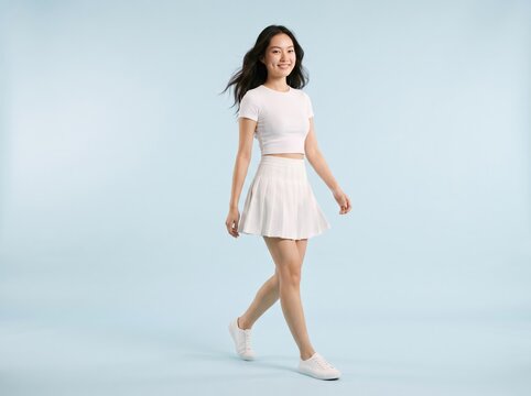Woman walking studio portrait white dress - studio fashion portrait