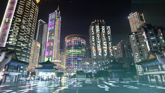 chongqing cyberpunk city with overlayed code and data on the buildings