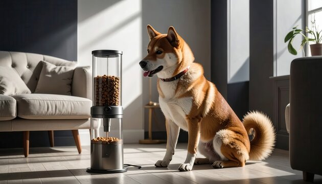 Shiba Inu Dog Sits Patiently Beside Automatic Pet Food Dispenser in Modern Living Room.