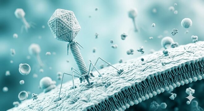 3D Render of Bacteriophage Virus Attaching to Bacterial Cell Wall