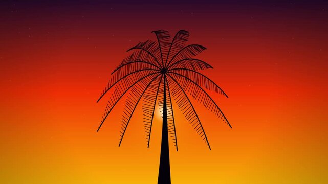 Silhouette of a single palm tree against a tropical sunset sky dark of set