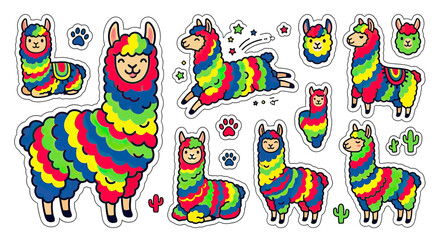 Obraz premium Colorful Llama Stickers Collection, Cute Cartoon Animals