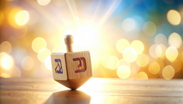 A wooden dreidel spins on a table with a bokeh background.