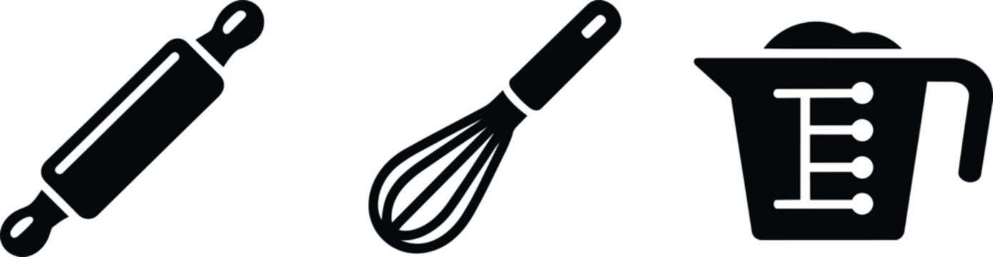 Baking utensils with a rolling pin, wire whisk, and measuring cup icons for kitchen cooking, confectionery, and pastry preparation