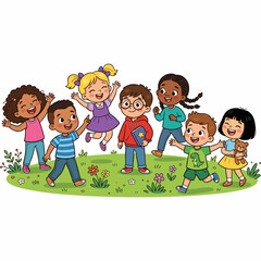A diverse group of happy children playing together outdoors in a green field with flowers, smiling and having fun.