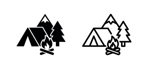 Camping and outdoor recreation vector icon with tent mountains pine tree and campfire © liubomir118809
