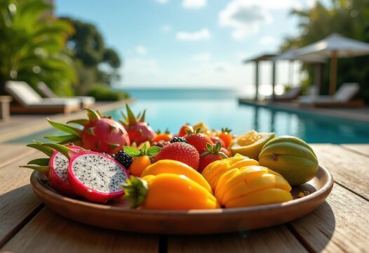 Exotic Fruit Mosaic at Infinity Pool Cabana Under Sunlit Paradise