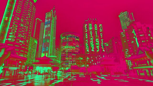 chongqing cyberpunk city with overlayed code and data on the buildings