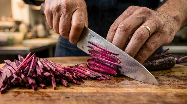 Chef hands slicing purple heirloom carrots on wooden board