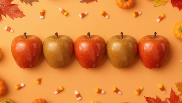 Top view of a line of apple candies.