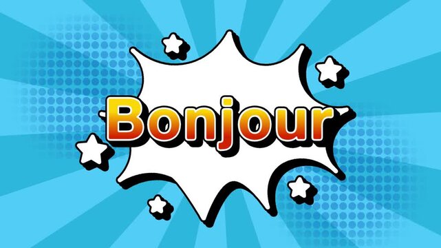 Bonjour text word lettering popup comic cartoon reveal with bomb and smoke explosion manga anime book page dots with radial speed lines doodle sky blue background with seamless loop animation retro