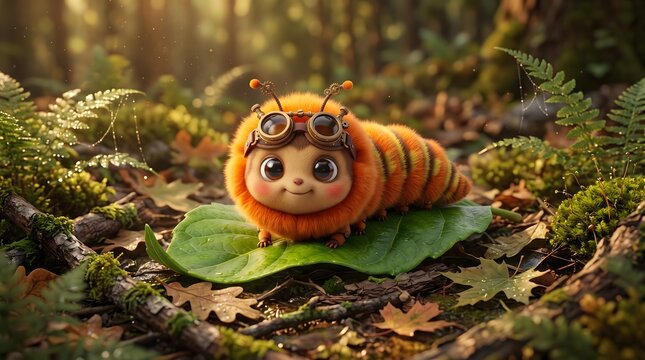 A cute fluffy orange caterpillar wearing pilot goggles resting on a green leaf in a magical forest setting