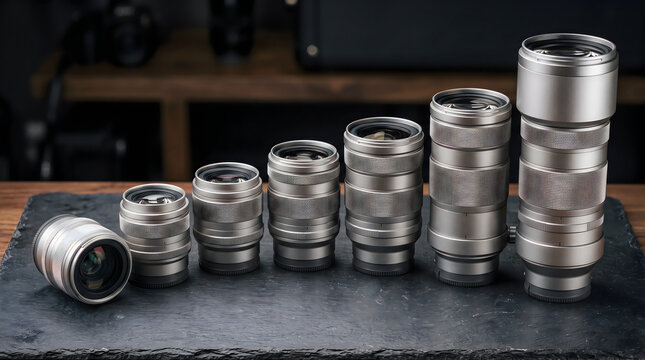 Row of professional metallic camera lenses in different sizes