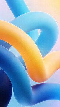 Abstract 3D render shape of random intertwined knots background with grainy holographic sunny yellow and blue gradient waves vertical composition for wallpapers.