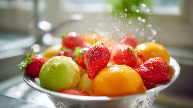 Fresh and vibrant assortment of colorful fruits including strawberries lemons and oranges splashing in a silver bowl showcasing the beauty and health benefits of seasonal produce in a kitchen setting